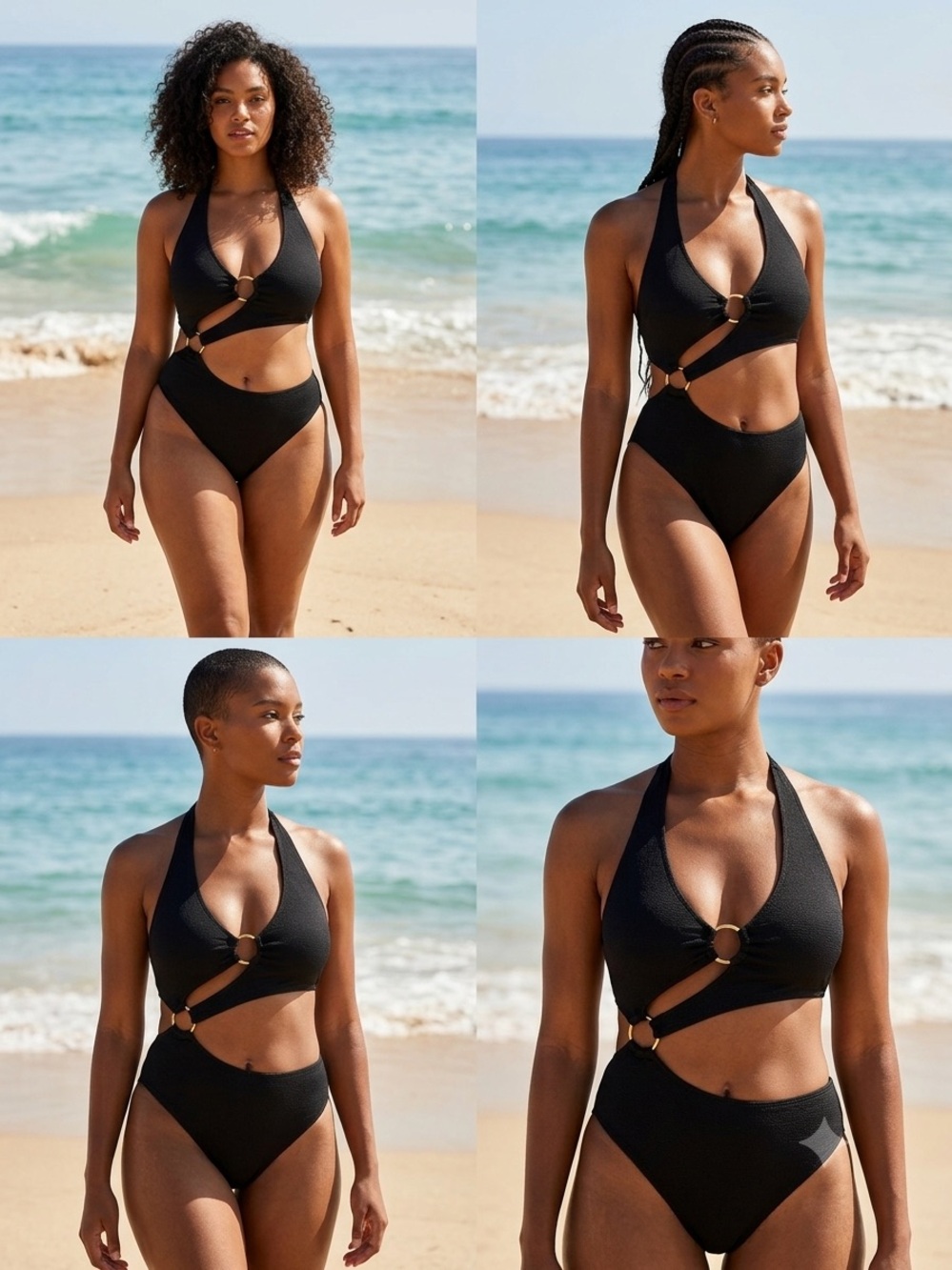 Women’s Black Cutout Halter One-Piece Swimsuit